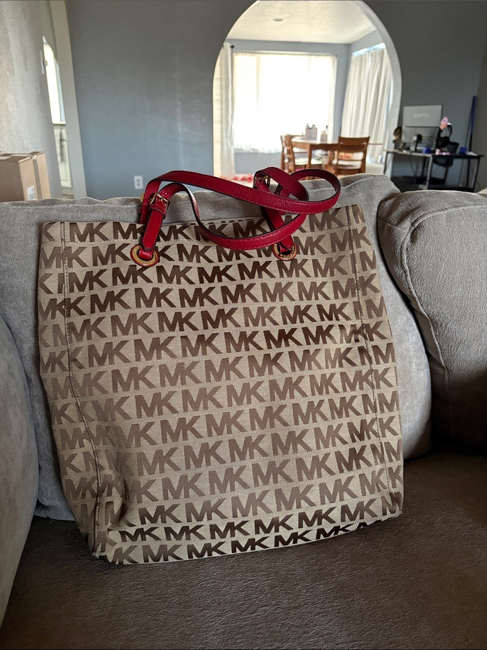 MICHAEL KORS Brown MK Logo Tote with Red Straps